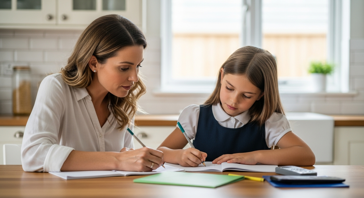 A mother helps her daughter with homework at the kitchen table.