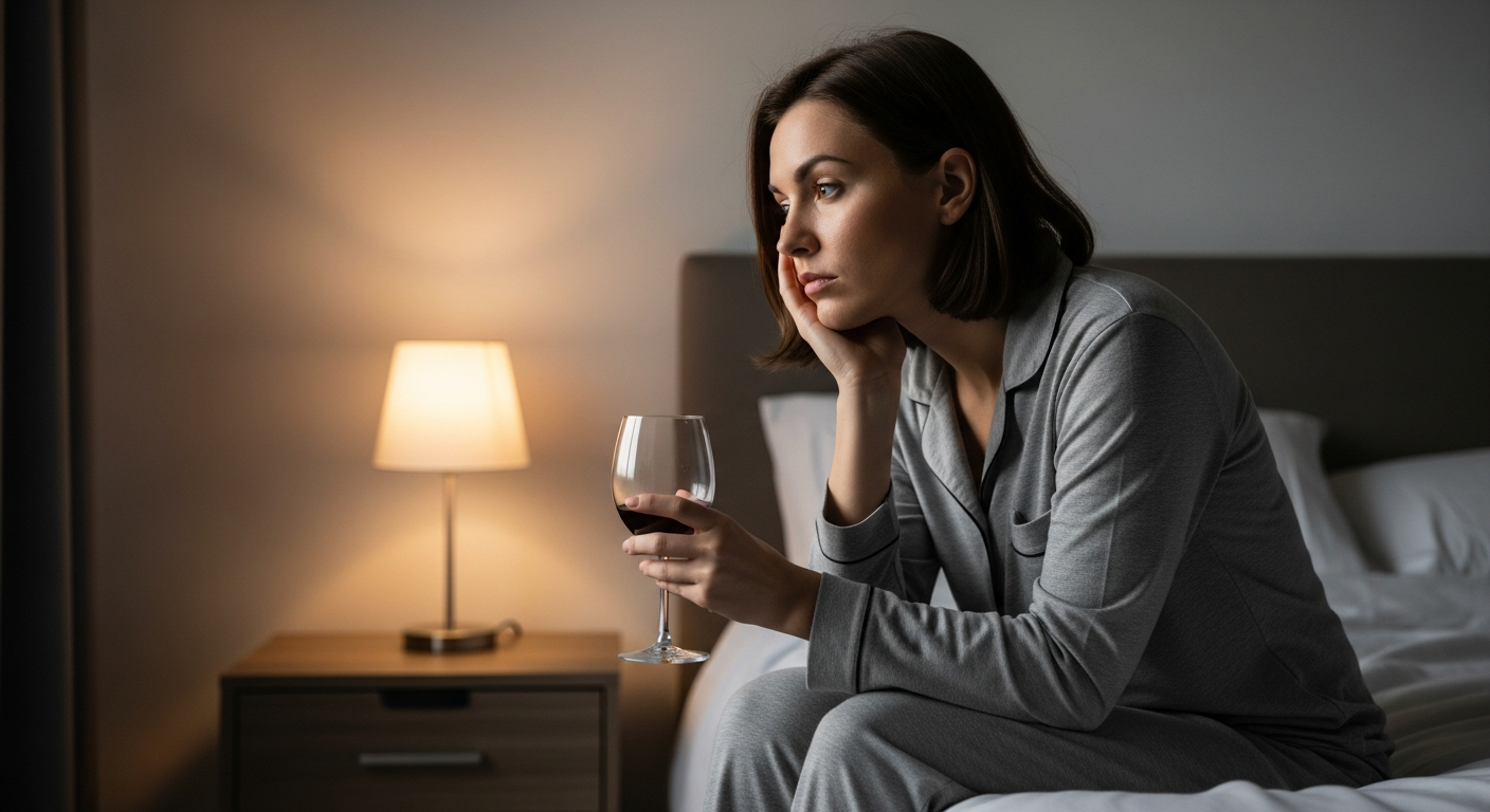 A woman sits on her bed with a glass of wine, looking tired.