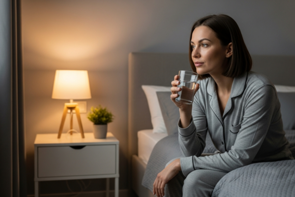 A woman sits on her bed looking at a glass of water.
