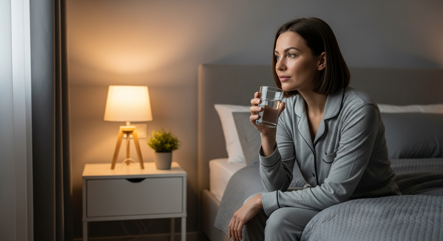A woman sits on her bed looking at a glass of water.