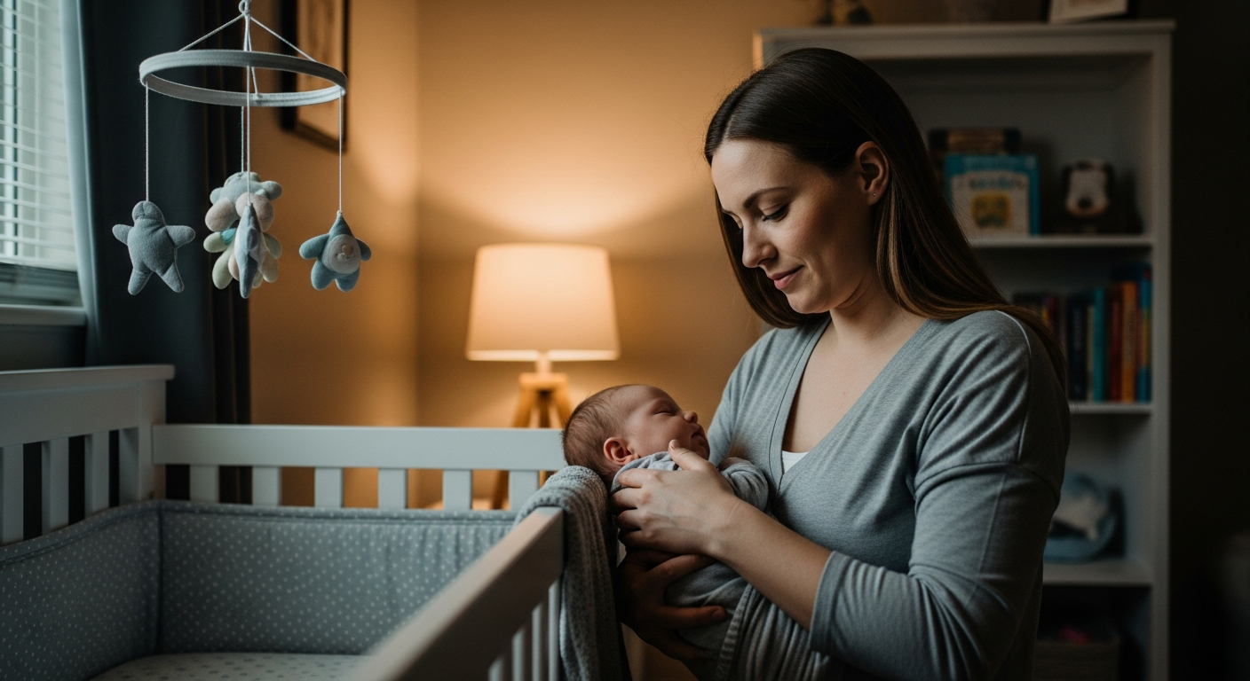 A mother puts her baby to sleep in a nursery.