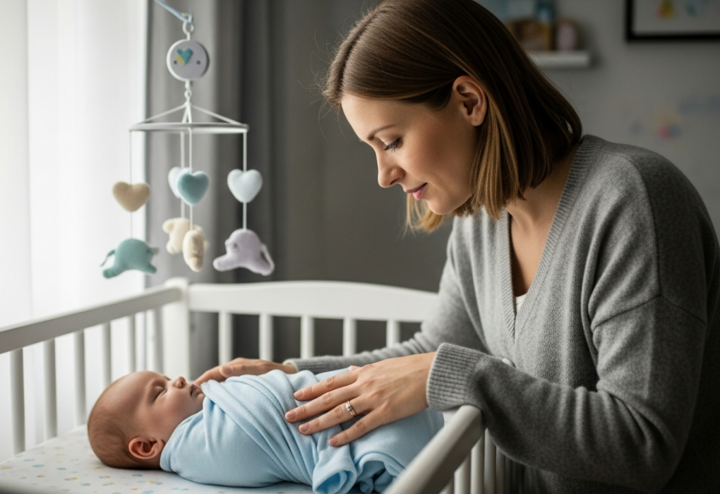 A mother puts her baby to sleep in a nursery.