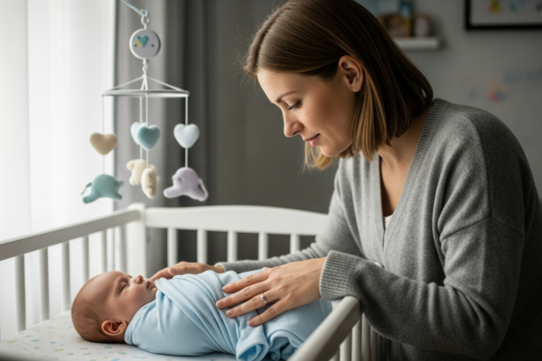 A mother puts her baby to sleep in a nursery.