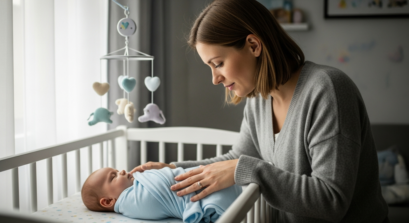 A mother puts her baby to sleep in a nursery.