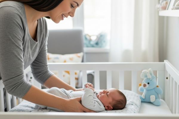 Mother carefully putting her baby to sleep in a crib.