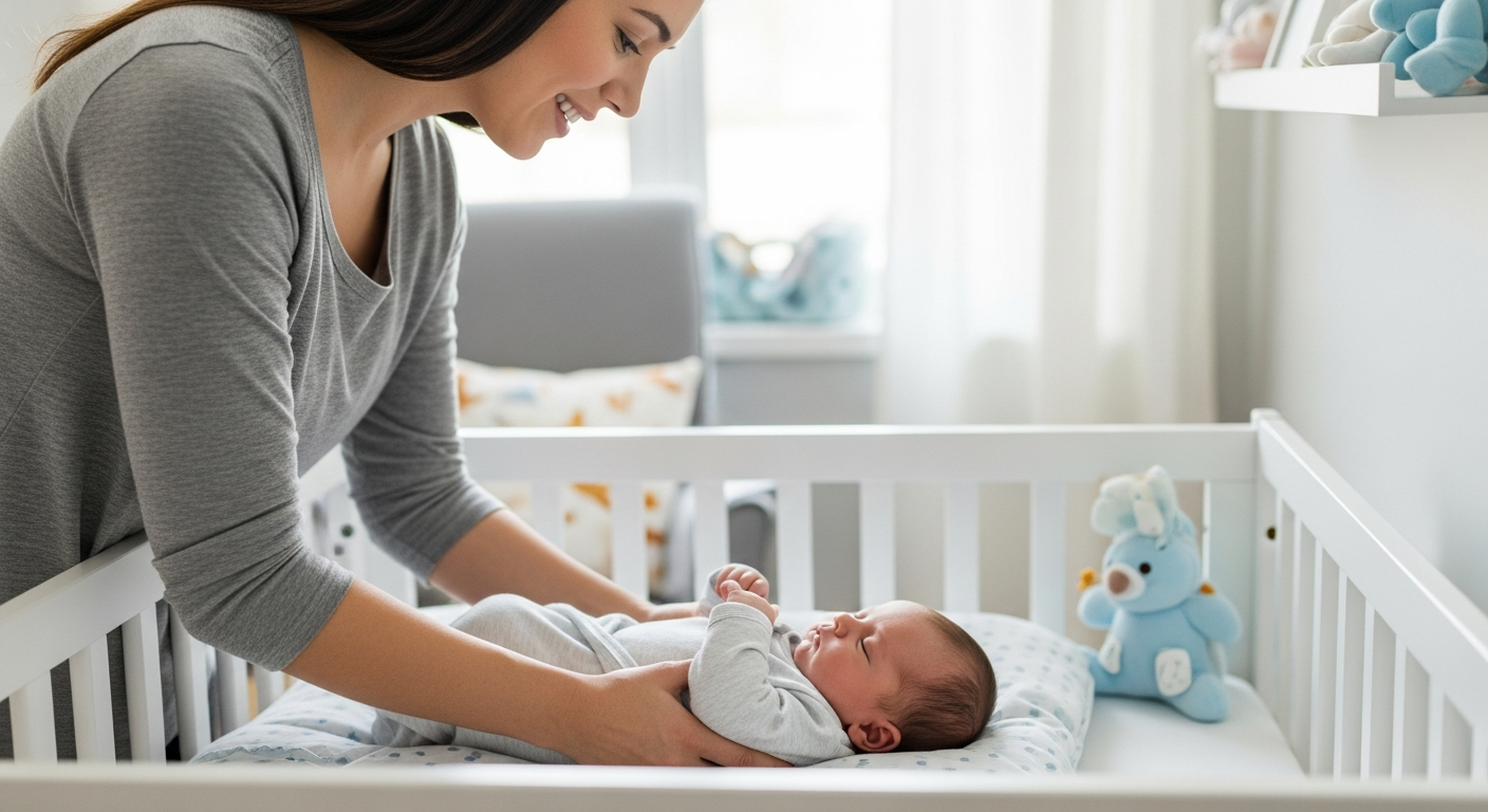 Mother carefully putting her baby to sleep in a crib.
