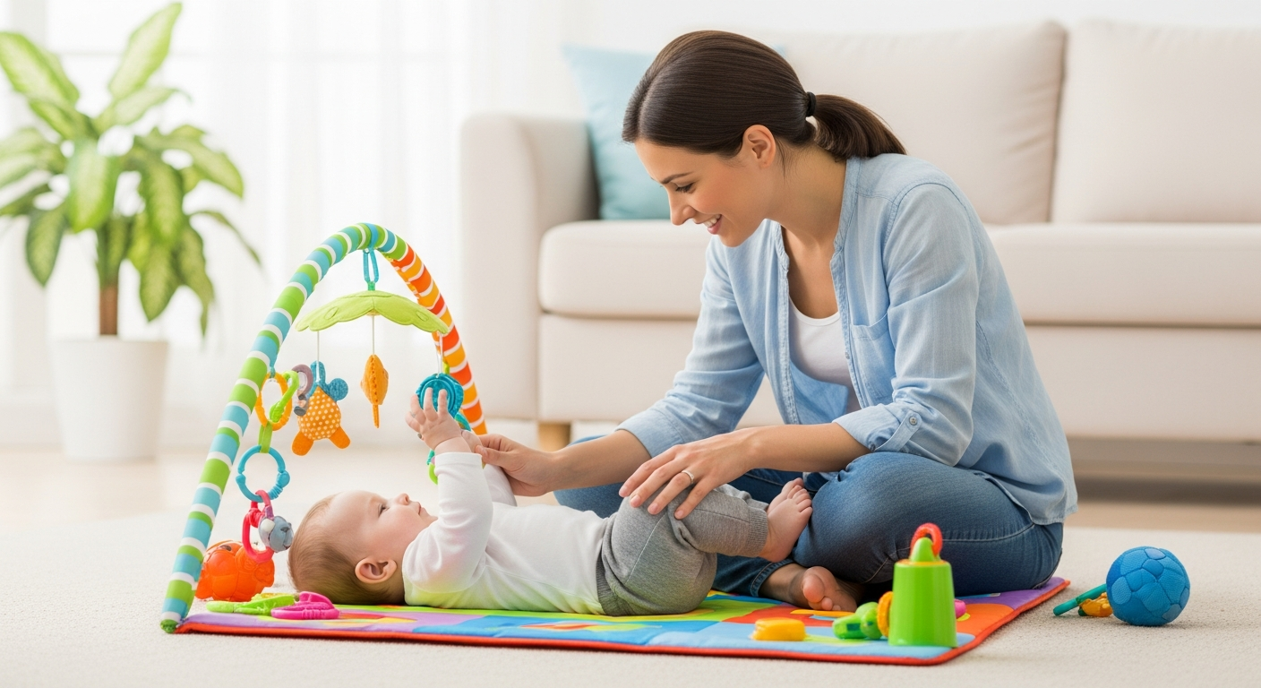 A mother plays with her baby on a play mat.