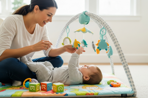 A mother and baby are playing together on a play mat in their home.