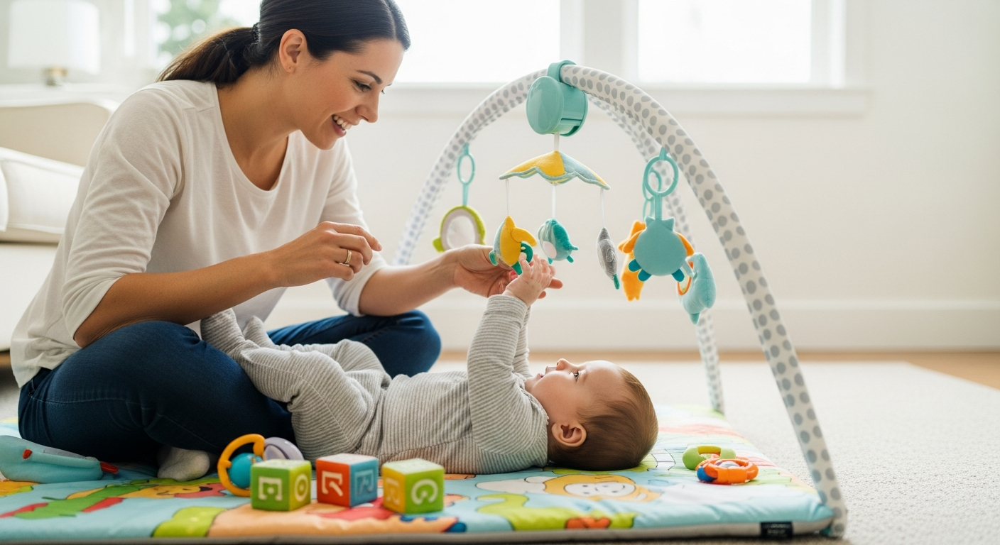 A mother and baby are playing together on a play mat in their home.