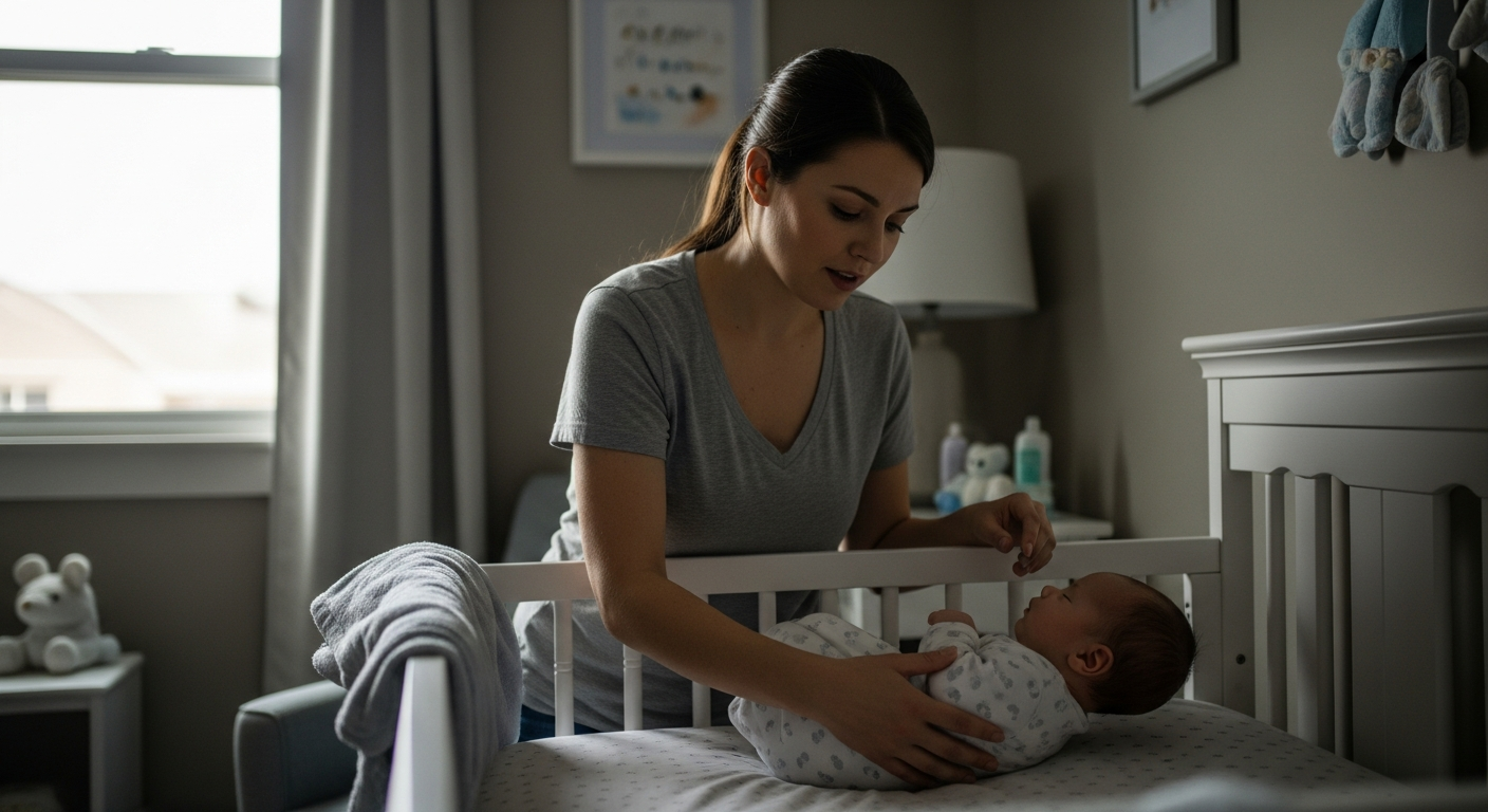 A mother puts her baby to sleep in a crib.