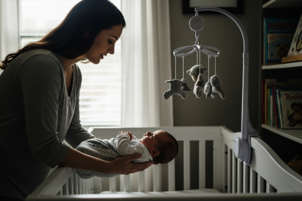 A mother puts her baby to sleep in a nursery.