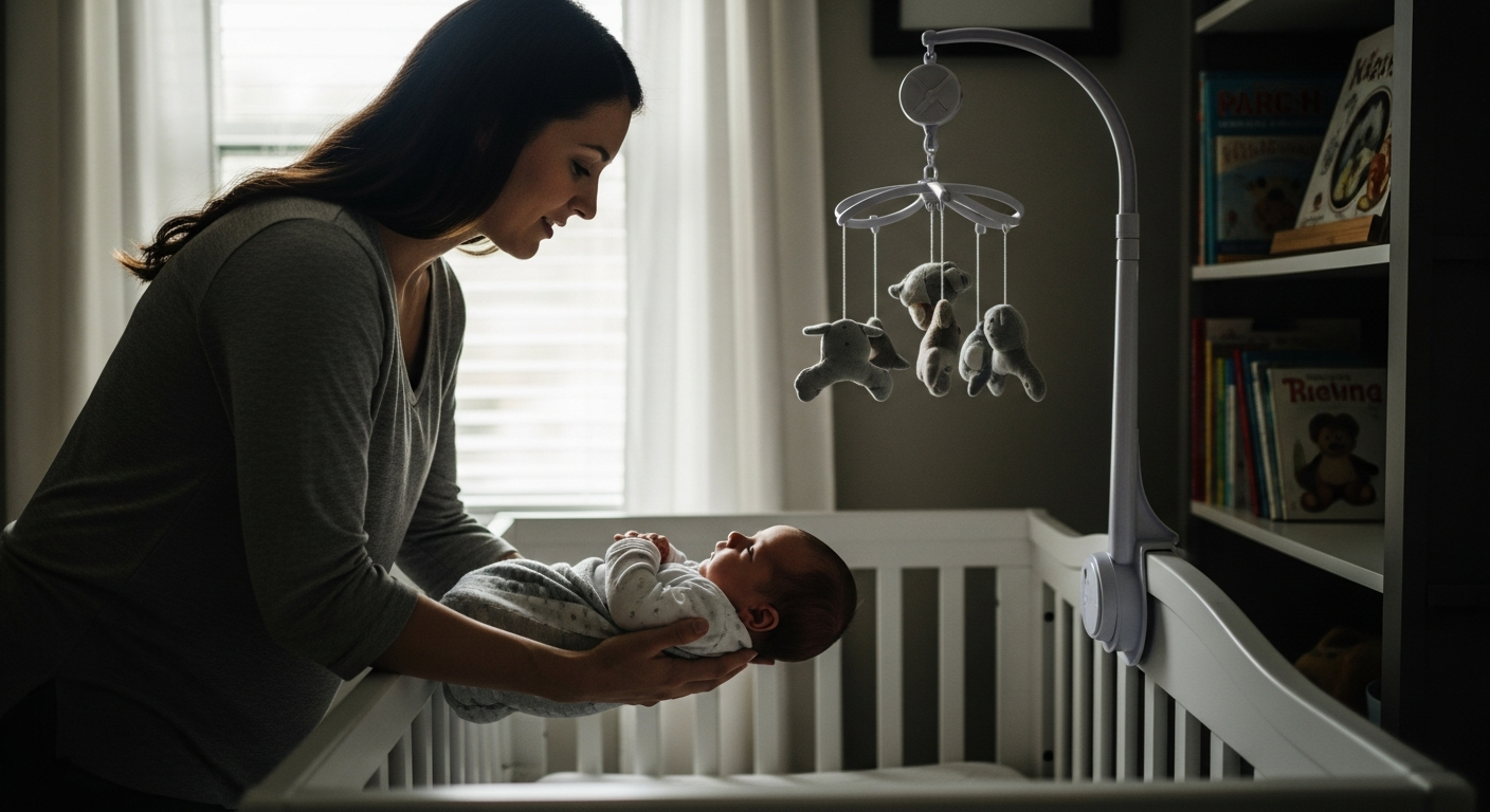 A mother puts her baby to sleep in a nursery.