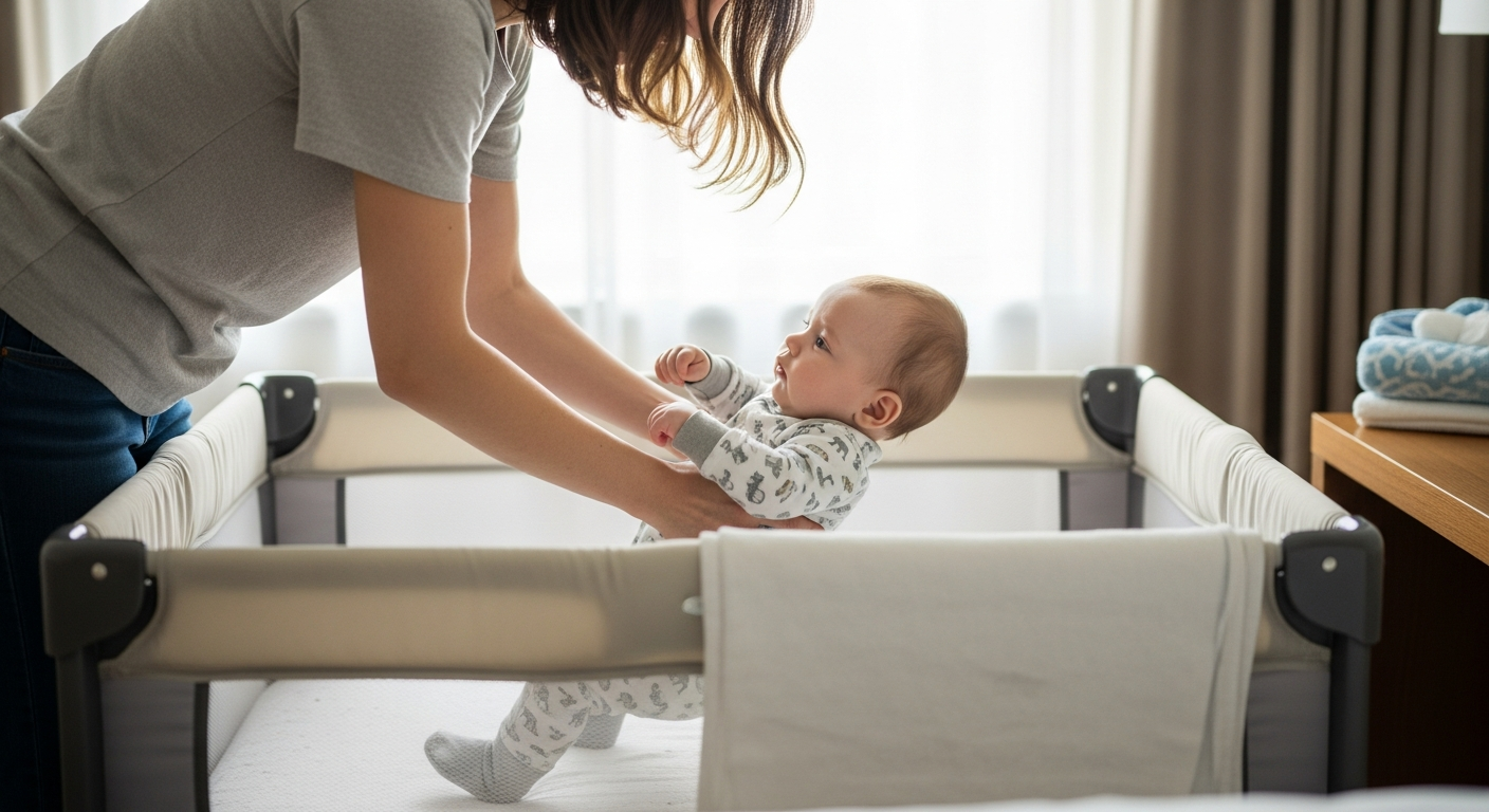 A mother puts her baby in a travel crib.
