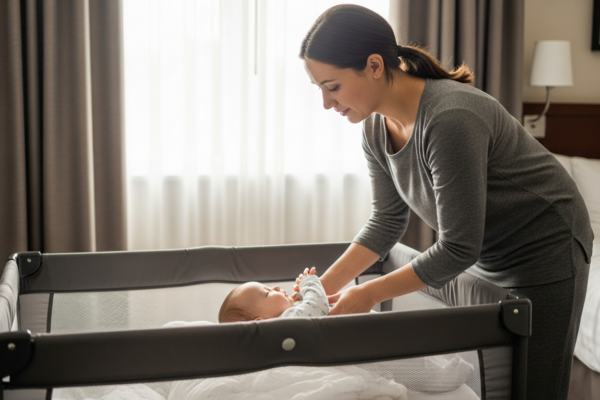 A woman puts her baby to sleep in a travel crib.