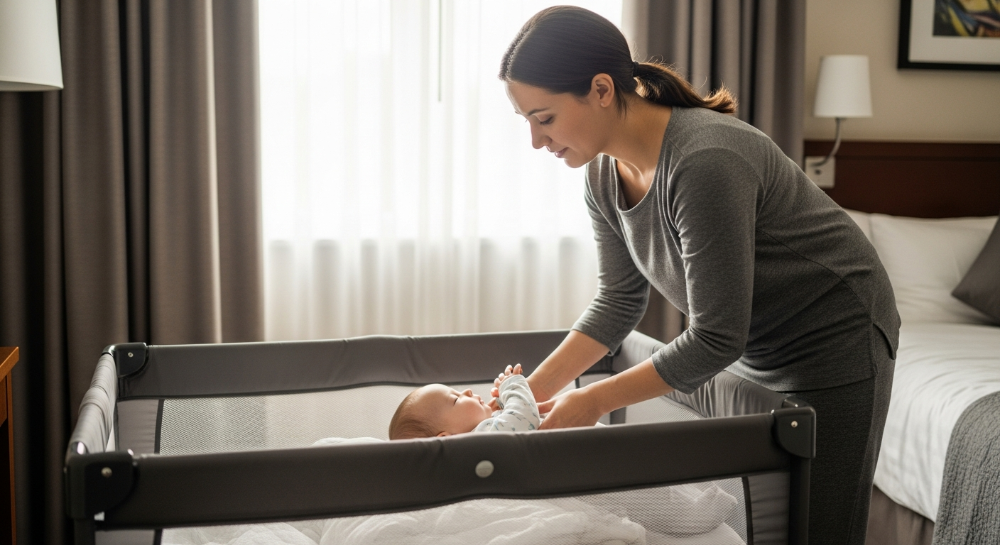 A woman puts her baby to sleep in a travel crib.