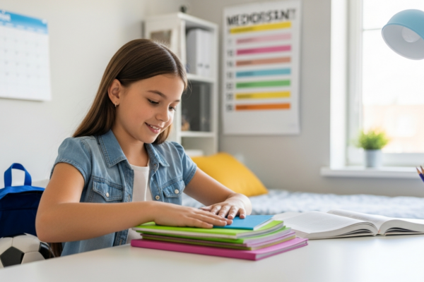 A girl organizes her schoolwork and sports equipment in her bedroom.