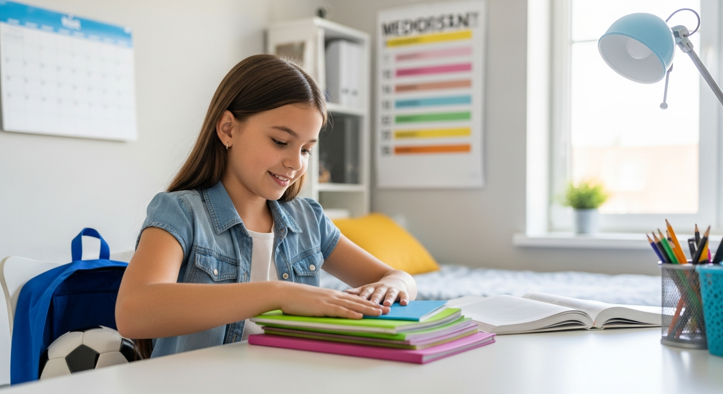 A girl organizes her schoolwork and sports equipment in her bedroom.