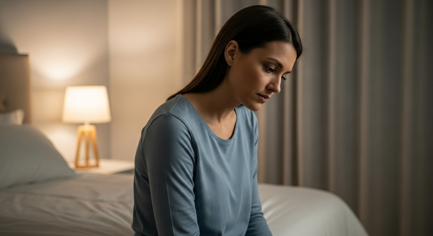 A woman sits on a bed looking concerned about bed sharing.