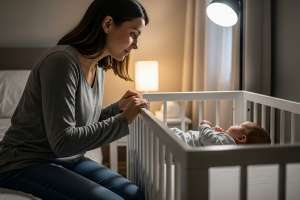 A mother watches her baby sleeping in a crib next to her bed.