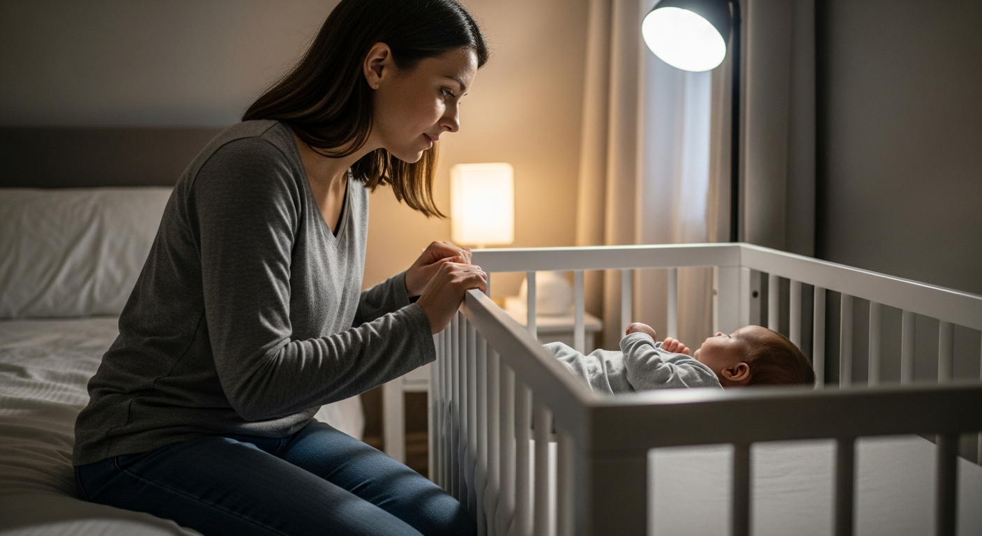 A mother watches her baby sleeping in a crib next to her bed.