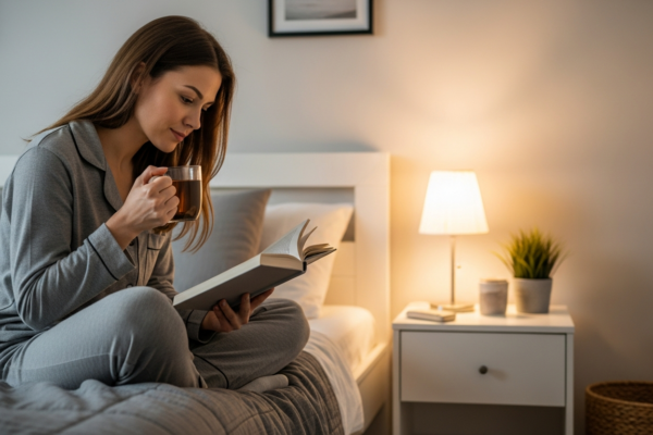 A woman is reading a book and drinking tea before bed.