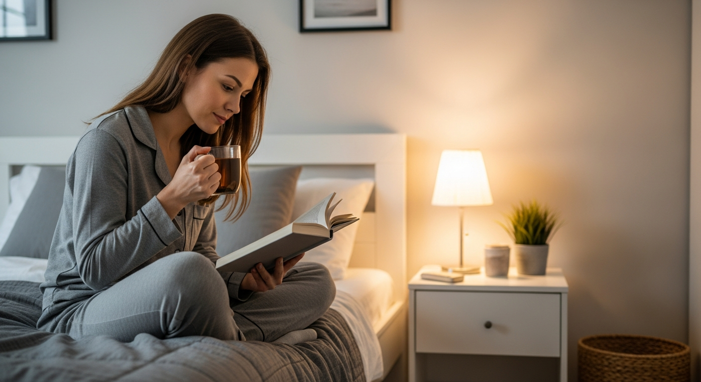 A woman is reading a book and drinking tea before bed.