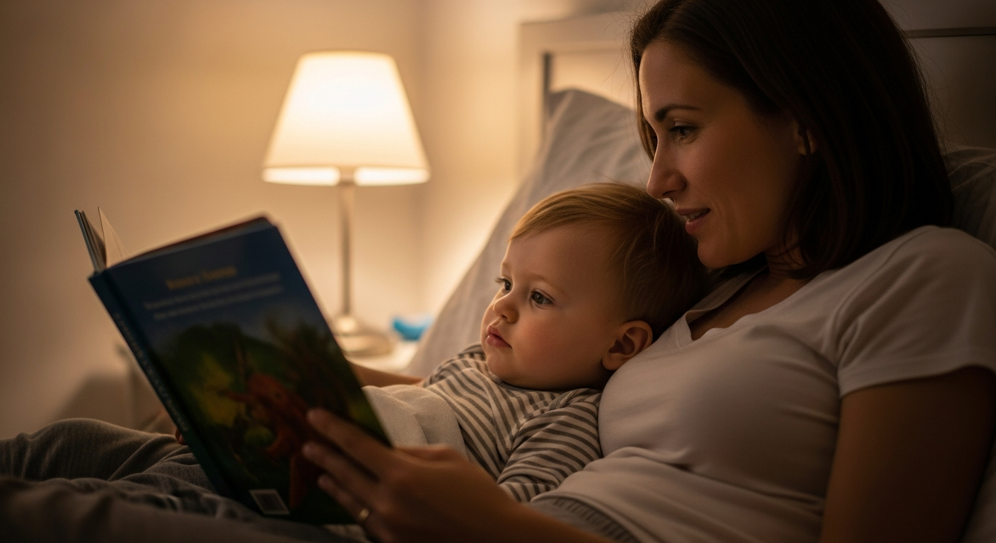 A mother reads a book to her toddler in bed.