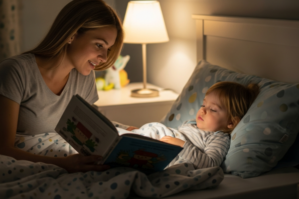 A mother reads a book to her toddler in a softly lit bedroom.