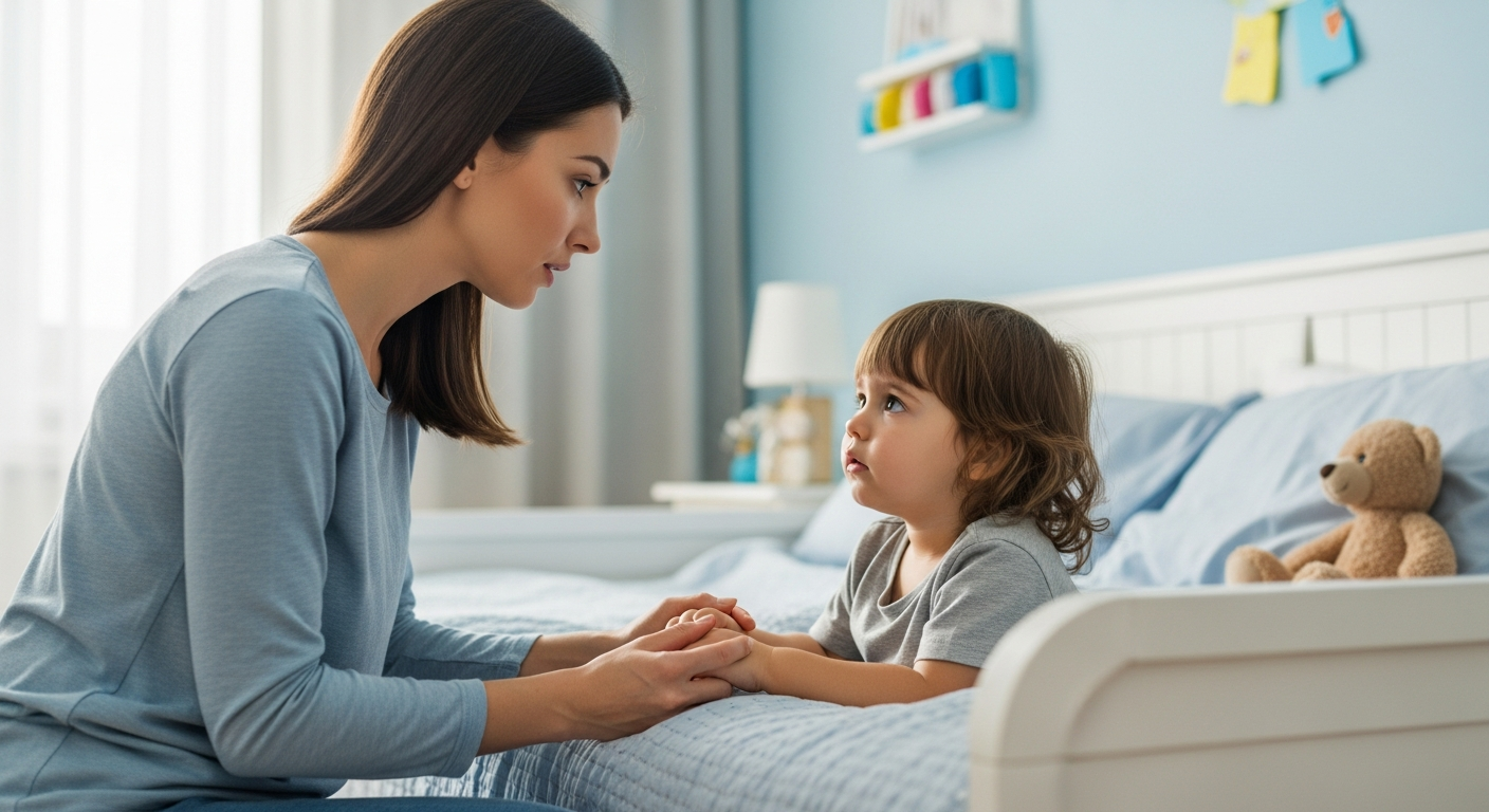 A mother comforts her child at bedtime.