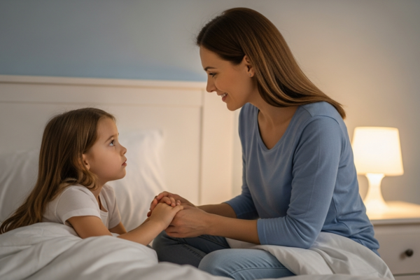 A mother comforts her child at bedtime.