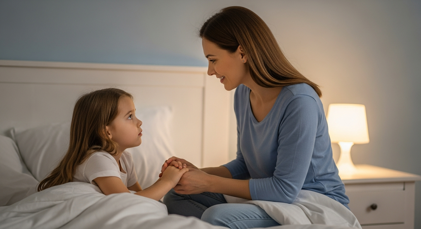 A mother comforts her child at bedtime.