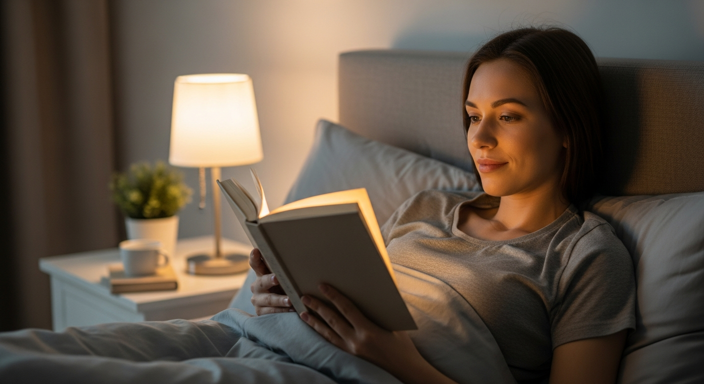 Woman reading a book in bed at night