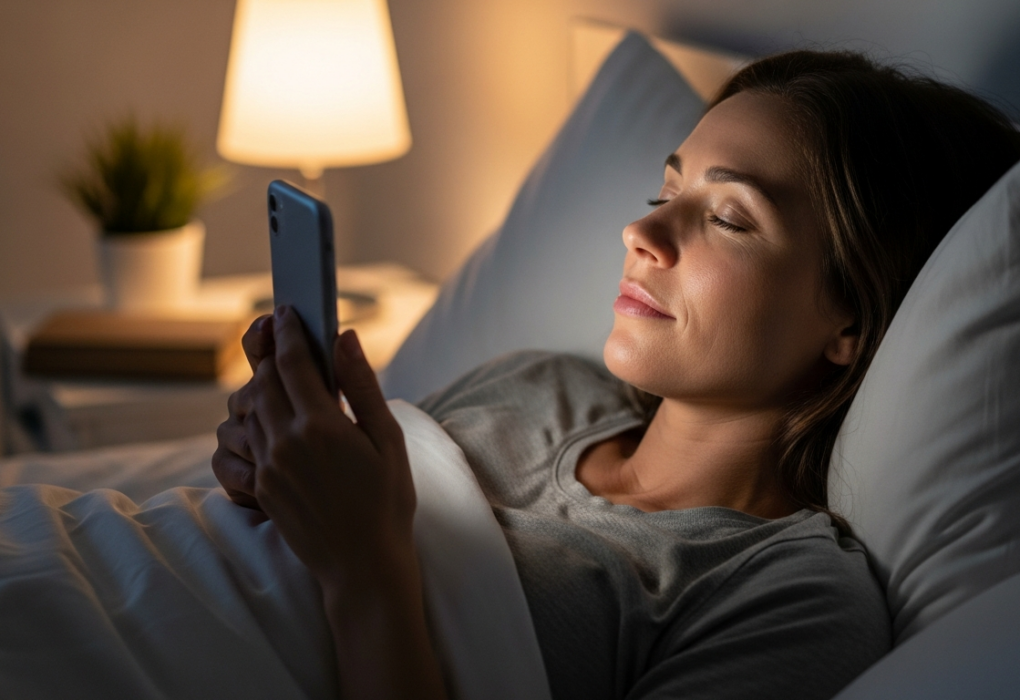 Woman listening to a bedtime story on her phone in bed