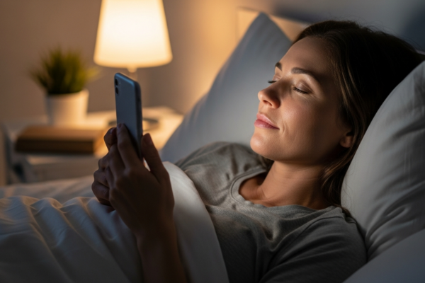 Woman listening to a bedtime story on her phone in bed