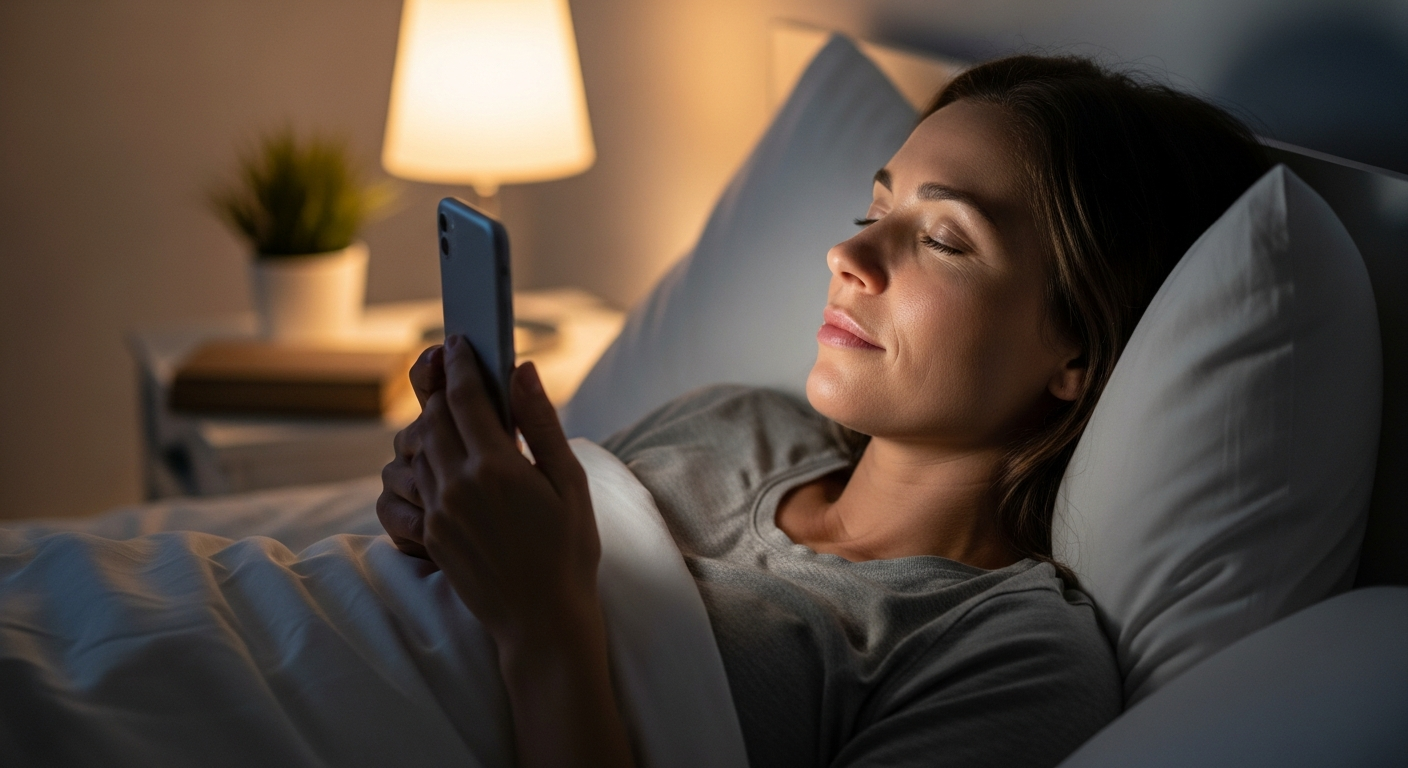 Woman listening to a bedtime story on her phone in bed