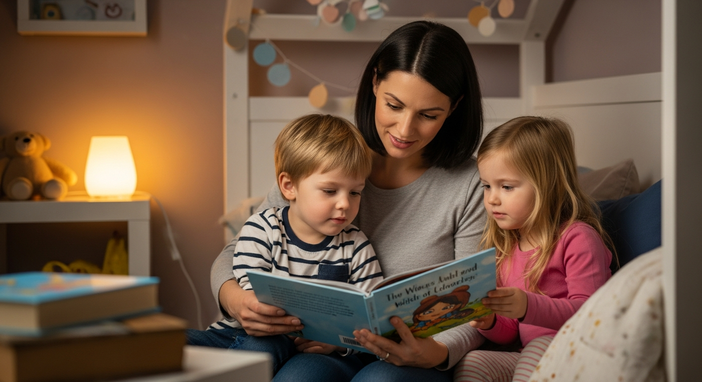 A mother reads a book to her son and daughter in a bedroom.