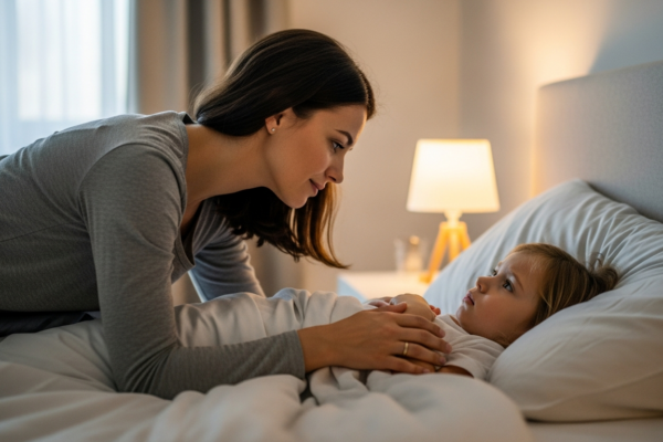 A mother comforts her child in bed.