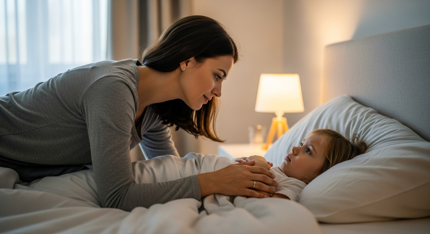 A mother comforts her child in bed.
