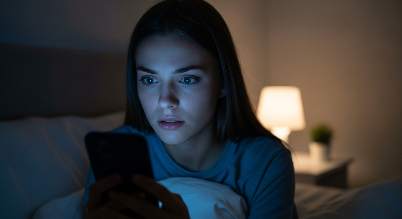 Woman looking at her phone in bed at night.