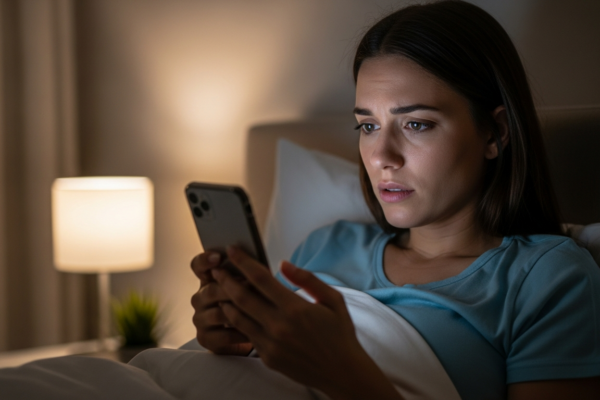 A woman looks at her phone in bed at night.