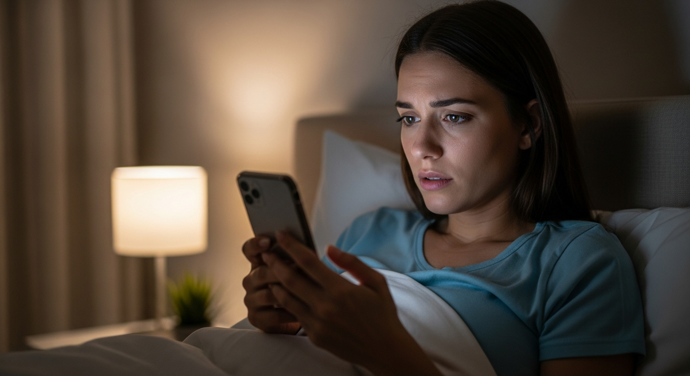 A woman looks at her phone in bed at night.