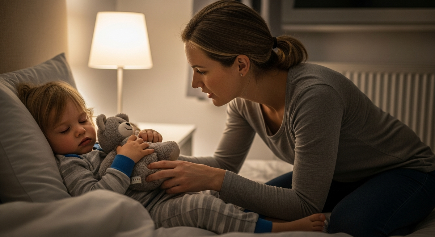 Mother comforts toddler during bottle weaning process.
