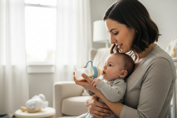 Mother offering sippy cup to baby in nursery