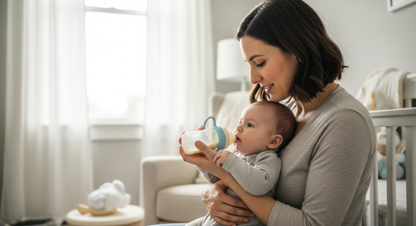 Mother offering sippy cup to baby in nursery