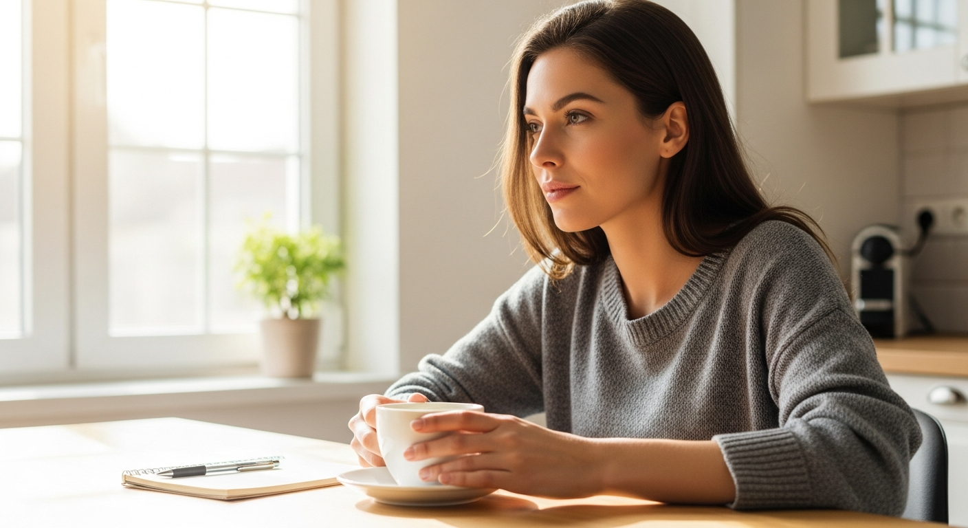 Woman looks at coffee cup in kitchen