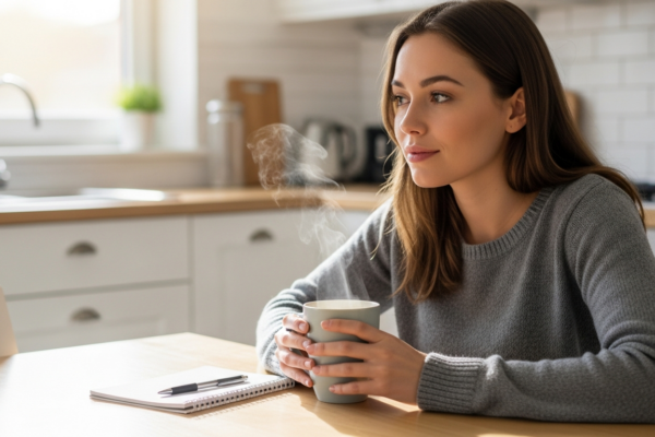 Woman looks at coffee mug in kitchen