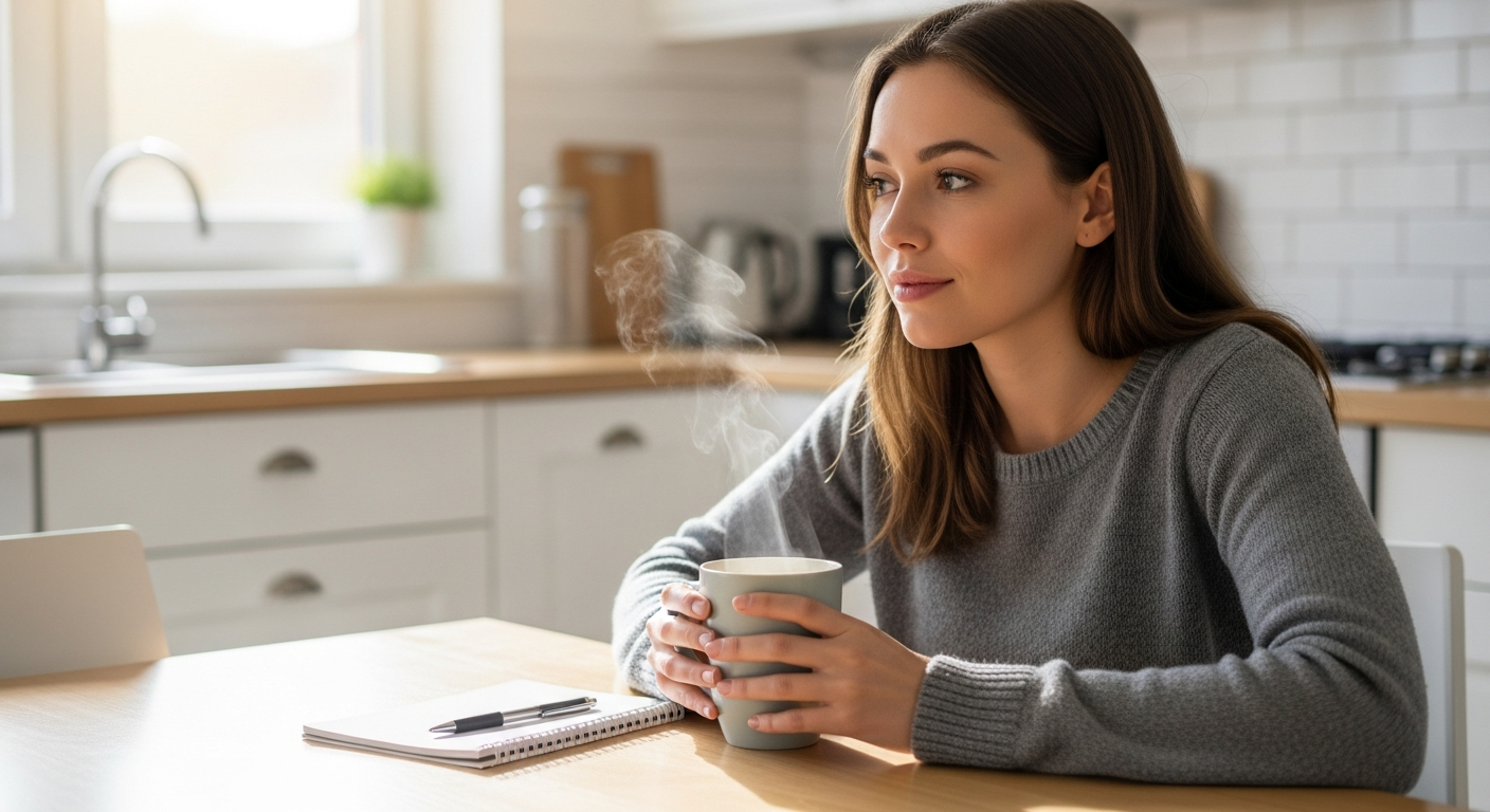 Woman looks at coffee mug in kitchen