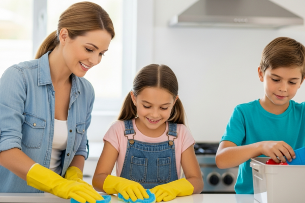 A mother and her two children are doing chores together in the kitchen.