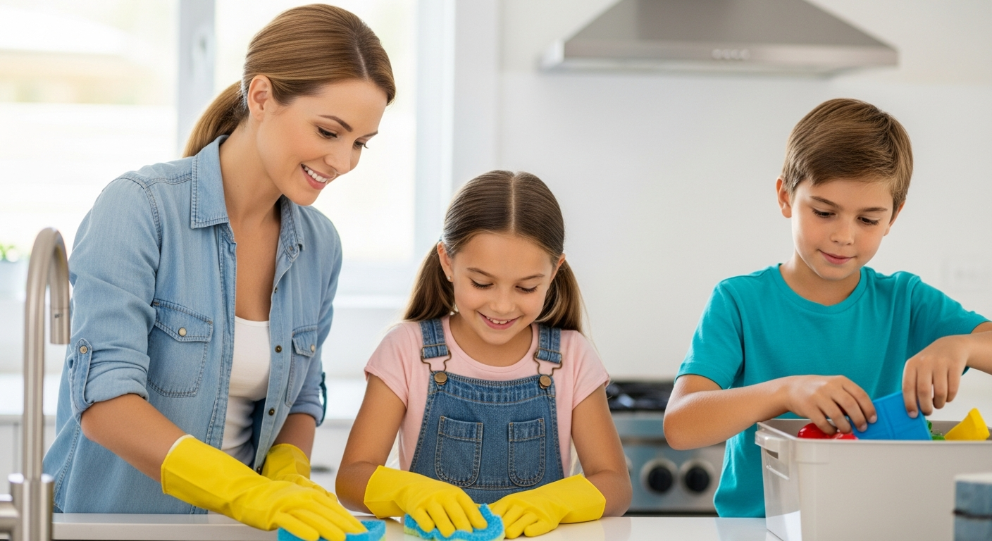 A mother and her two children are doing chores together in the kitchen.