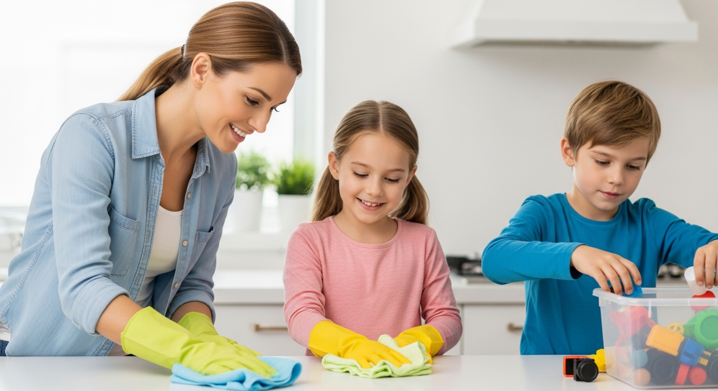 A mother and her two children are doing chores in the kitchen.